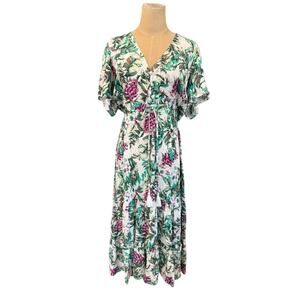"SUNDAY MI AMOR" Anthropologie Tropical Dress SZ M Pink & Green Layered V Neck